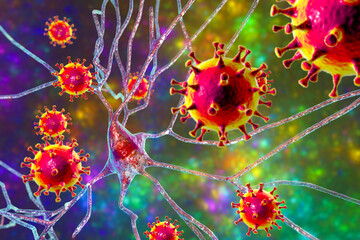 Viruses infecting neurons, concept for brain infection, 3D illustration - obrazy, fototapety, plakaty