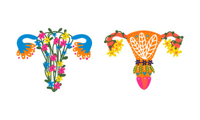 Uterus or Womb Arranged from Flowers and Plants as Healthy Female Reproductive System Organ Vector Set