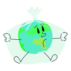 Vector graphics - a sad, frightened globe locked in a plastic transparent bag isolated on a white background close-up. Concept-ecological disaster and environmental pollution