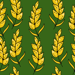 Seamless pattern of bright yellow spikelets on a dark green background