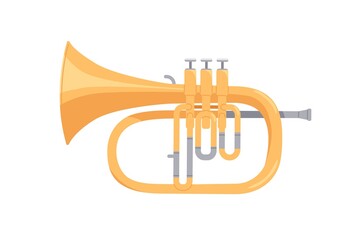 Golden cornet, brass wind music instrument. Classical realistic twisted trumpet. Colored flat cartoon vector illustration isolated on white background