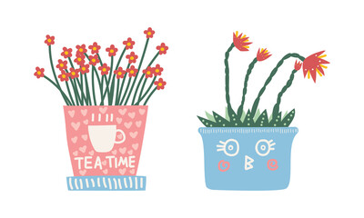 Decorative Flower and Plant Growing in Ceramic Pot as Home Decor Vector Set