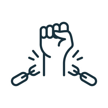 Freedom and Human Rights concept. Broken Shackles with Fist Raised Up Linear Icon. Chain of slavery Damaged. National Freedom Day Juneteenth. Editable stroke. Vector illustration