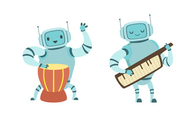 Robot Musician Playing Musical Instrument Performing on Stage Vector Set