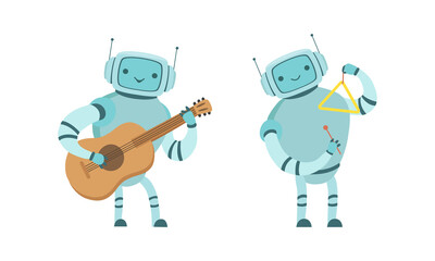 Robot Musician Playing Musical Instrument Performing on Stage Vector Set