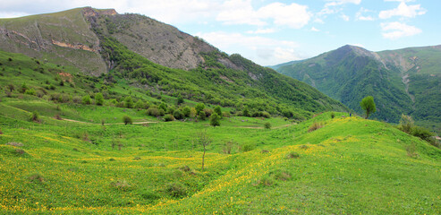 Beautiful fields in the mountains. The village of Gryzdakhnya. Guba region. Azerbaijan.
