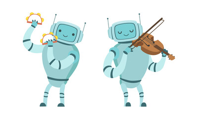 Robot Musician Playing Musical Instrument Performing on Stage Vector Set