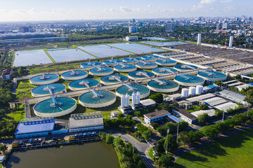 Aerial View of Drinking-Water Treatment. Microbiology of drinking water production and distribution, water treatment plant. Metropolitan waterworks authority.