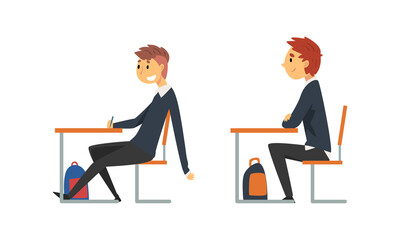 Boy Pupil or Student Sitting at Desk Having School Lesson Side View Vector Set