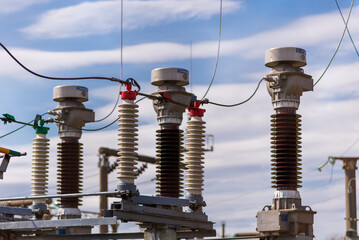 High voltage power transformer,generator electric in substation.Front view to high-voltage...