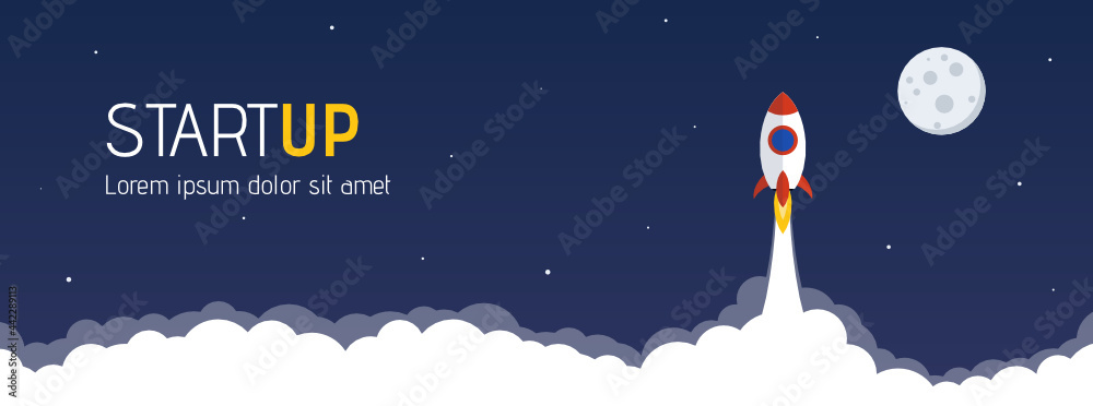 Wall mural startup website header with launching rocket