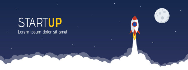 startup website header with launching rocket