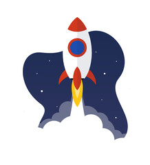 The rocket launches into space, isolated flat vector