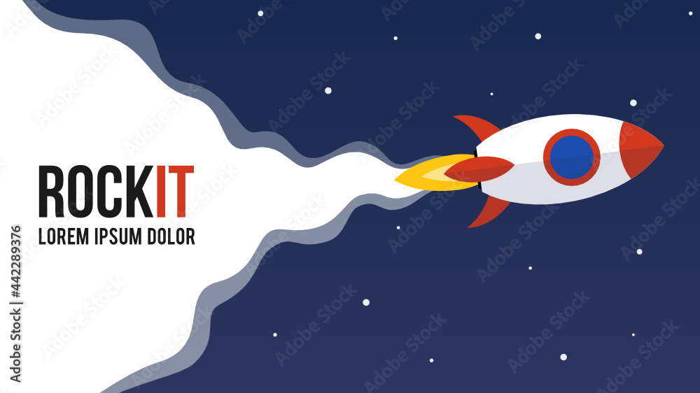 Wall mural rocket flying in space, header template for website with tile