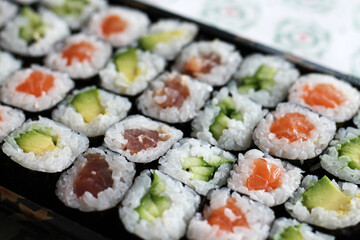 Set of sushi roll. Different types of sushes close-up.