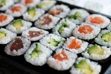 Set of sushi roll. Different types of sushes close-up.