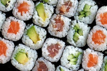 Set of sushi roll. Different types of sushes close-up.