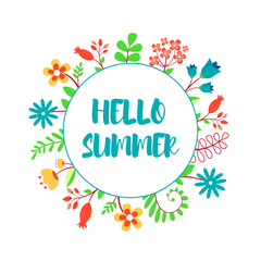 Hello summer! Vector background picture with different colors and calligraphy.