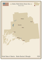 Map on an old playing card of Valdez-Cordova Census Area in Alaska, USA.