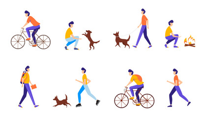 Plakat Young man doing different outdoor activities: running, cycling, rollerblading, walking with dog, traveling. Active and healthy lifestyle concept. Vector illustration in flat style. 