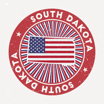 South Dakota round stamp. Logo of us state with flag. Vintage badge with circular text and stars, vector illustration.