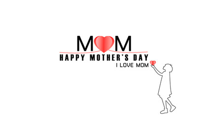 Mother's day greeting card. girl and flying pink paper hearts. Symbols of love on white background