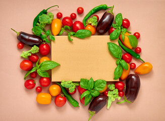 Frame of various  vegetables on background, top view. Frame of organic food with space for text.