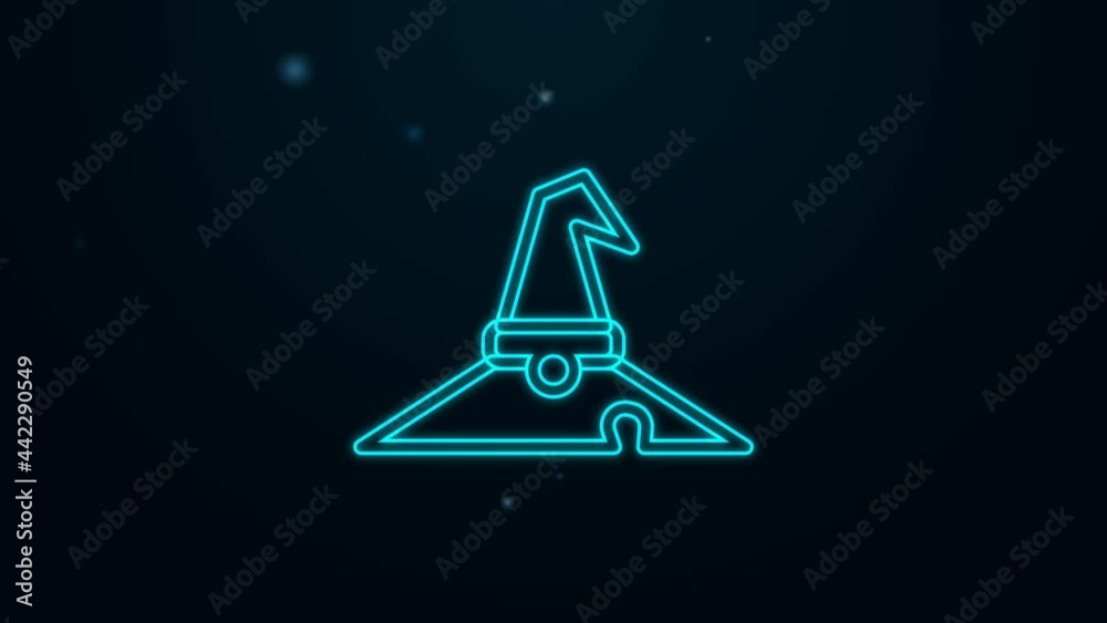 Sticker Glowing neon line Witch hat icon isolated on black background. Happy Halloween party. 4K Video motion graphic animation