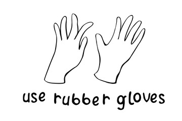 Fototapeta premium Use rubber gloves - vector simple poster with lettering and hand drawn outline drawing in doodle. Tool to protect hands from viruses, dirt, chemicals, for work in garden. Theme of medicine, pandemic