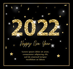 Happy new year 2022. Greeting card, invitation template for your design with glitter effect. Vector illustration