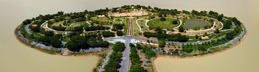 Fototapeta na wymiar Aerial top view closeup panorama of heart-shaped island (The Holy Heart Land Talayluang) or Seagrass field, flood control project, Kaem Ling reservoir in Thung Talayluang in Sukhothai, Thailand