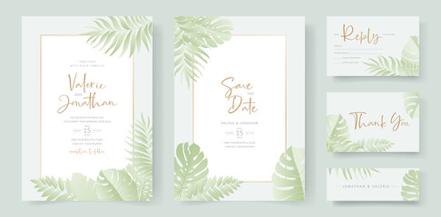 Summer wedding card design with tropical leaf ornament