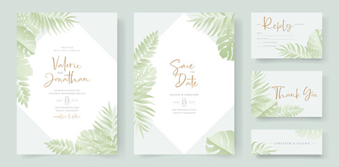 Fototapeta na wymiar Summer wedding card design with tropical leaf ornament