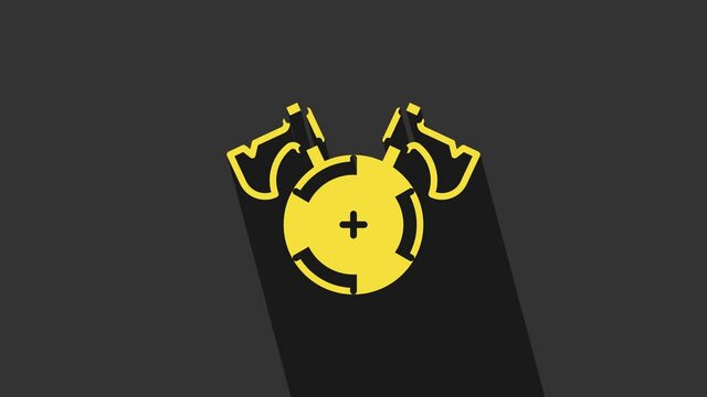 Yellow Medieval shield with crossed axes icon isolated on grey background. Battle axe, executioner axe. 4K Video motion graphic animation