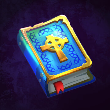 A casual icon for a fantasy game. Isolated illustration. A book with a Celtic cross on the cover. A bright blue cartoon book, a manuscript. An image of the Bible, ancient literature, a book of spells.