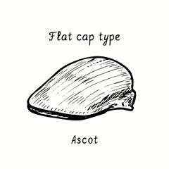 Flat cap type, ascot. Ink black and white drawing outline illustration