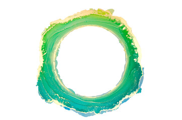 Abstract green and gold watercolor, circle, old frame , ink brush strokes isolated on white, creative illustration, fashion background, color pattern