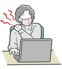 パソコン作業で肩が凝った、マスクをした中年女性