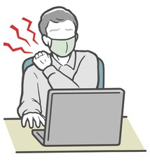 Fototapeta na wymiar パソコン作業で肩が凝った、マスクをした中年男性