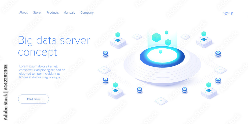 Sticker big data technology in isometric vector illustration. information storage and analysis system. digit