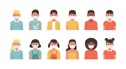 Children with protective face masks avatar set, vector flat illustration