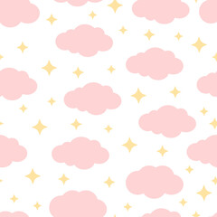 Cute seamless pattern with clouds and yellow stars on a white background. Vector illustration for fabrics, textures, wallpapers, posters, postcards. Childish fun print. Editable elements.