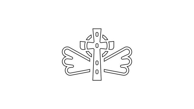 Black line Christian cross icon isolated on white background. Church cross. 4K Video motion graphic animation