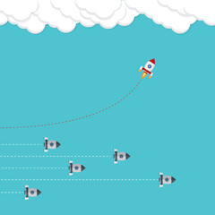 Different Approach - Different Direction. Group of rockets flying in one direction and with one individual flying in the different way, can be used leadership/individuality concepts.	