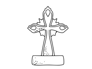 Tombstone. Monument from the cemetery is an element of decoration for Halloween. Coloring. Gloomy Doodles. Vector illustration isolated on white background