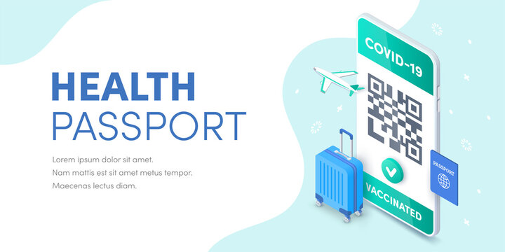 Health Vaccination passport QR code on smartphone screen vector isometric banner. 3D Electronic Covid-19 Vaccinated immune certificate for safe tourism on mobile phone concept. Coronavirus pass app