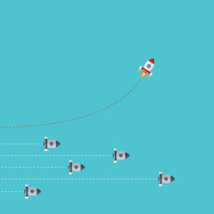 Different Approach - Different Direction. Group of rockets flying in one direction and with one individual flying in the different way, can be used leadership/individuality concepts.	