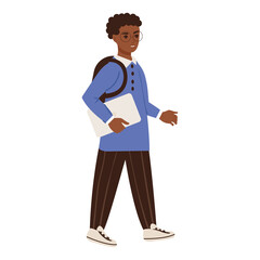 African American child schoolboy with backpack and laptop. Flat vector illustration on isolated white background