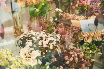 Professional florist selecting ornamental plants for a bouquet