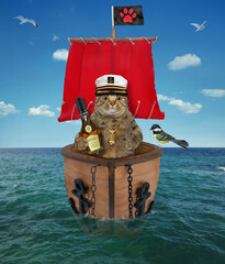 A beige cat captain in a sailor's hat with a bottle of rum is on a sailboat with a red sail on the...